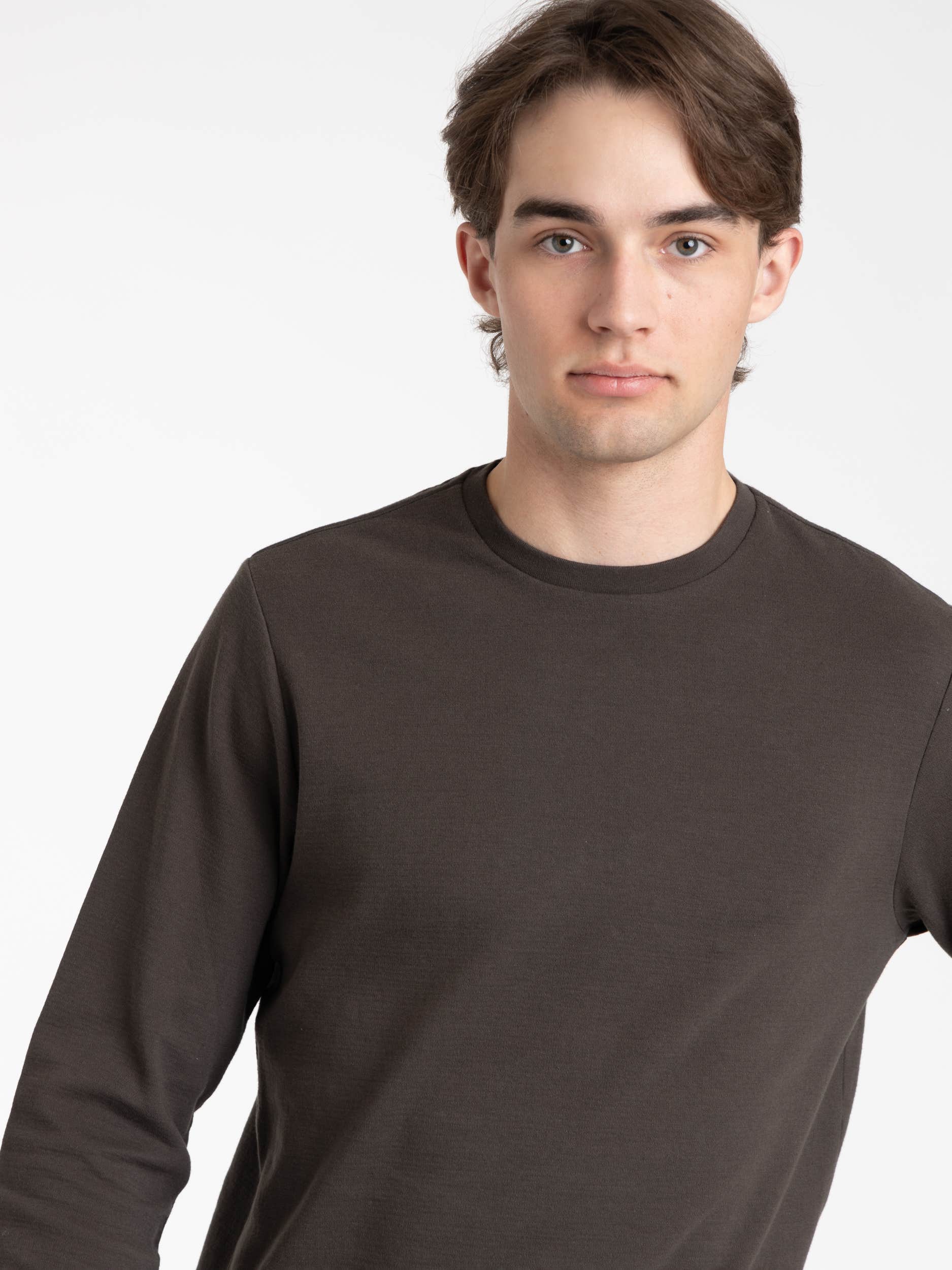 Duo Fold Long Sleeve Crew in Heather Espresso