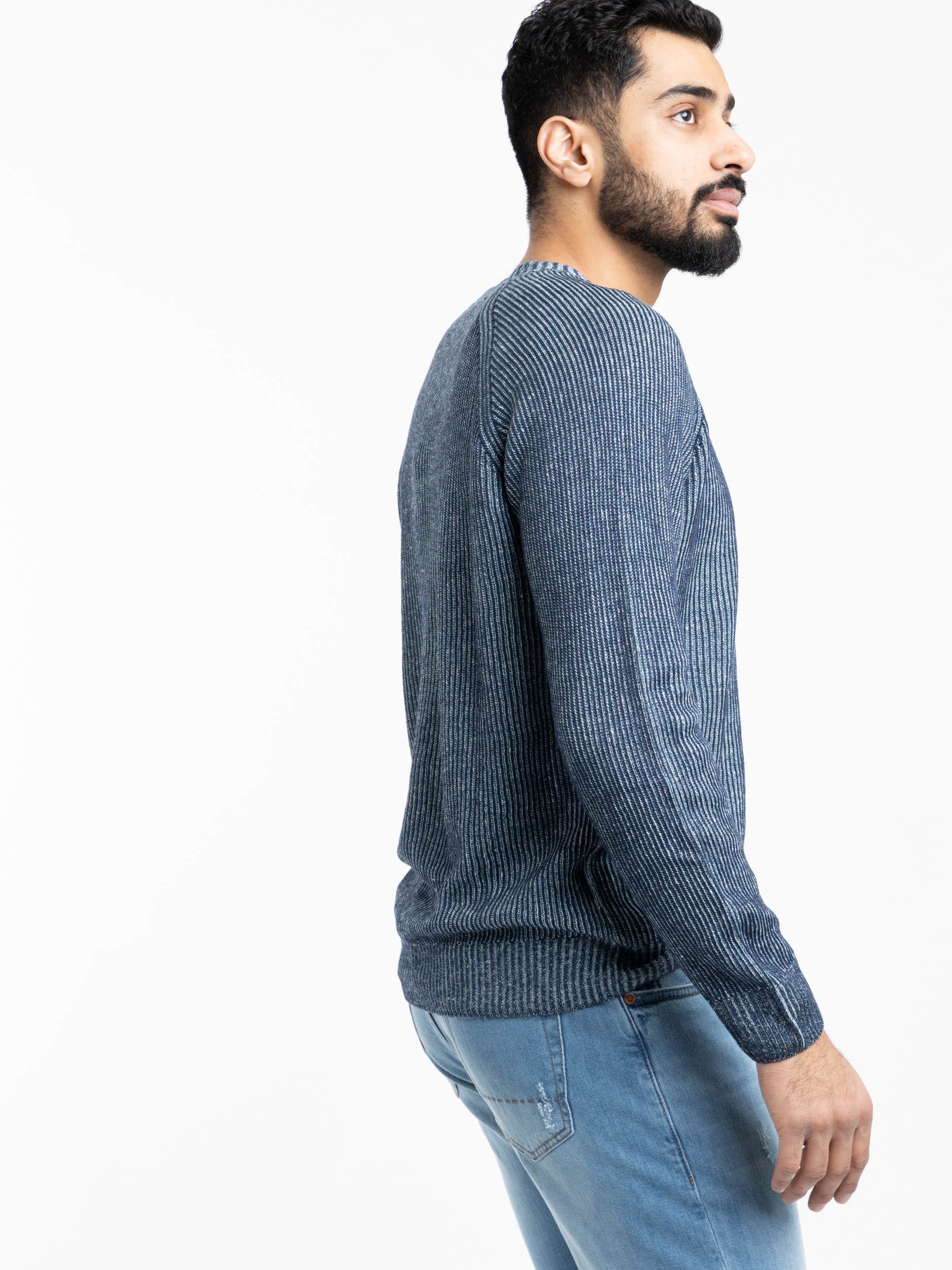 Blue Ribbed Flax-Cotton Crewneck Sweater