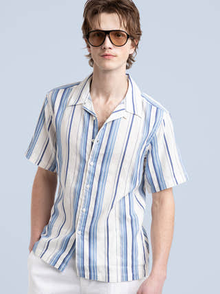 04651 / A trip in a bag Navy/White Striped Short Sleeve Kent Collar Shirt