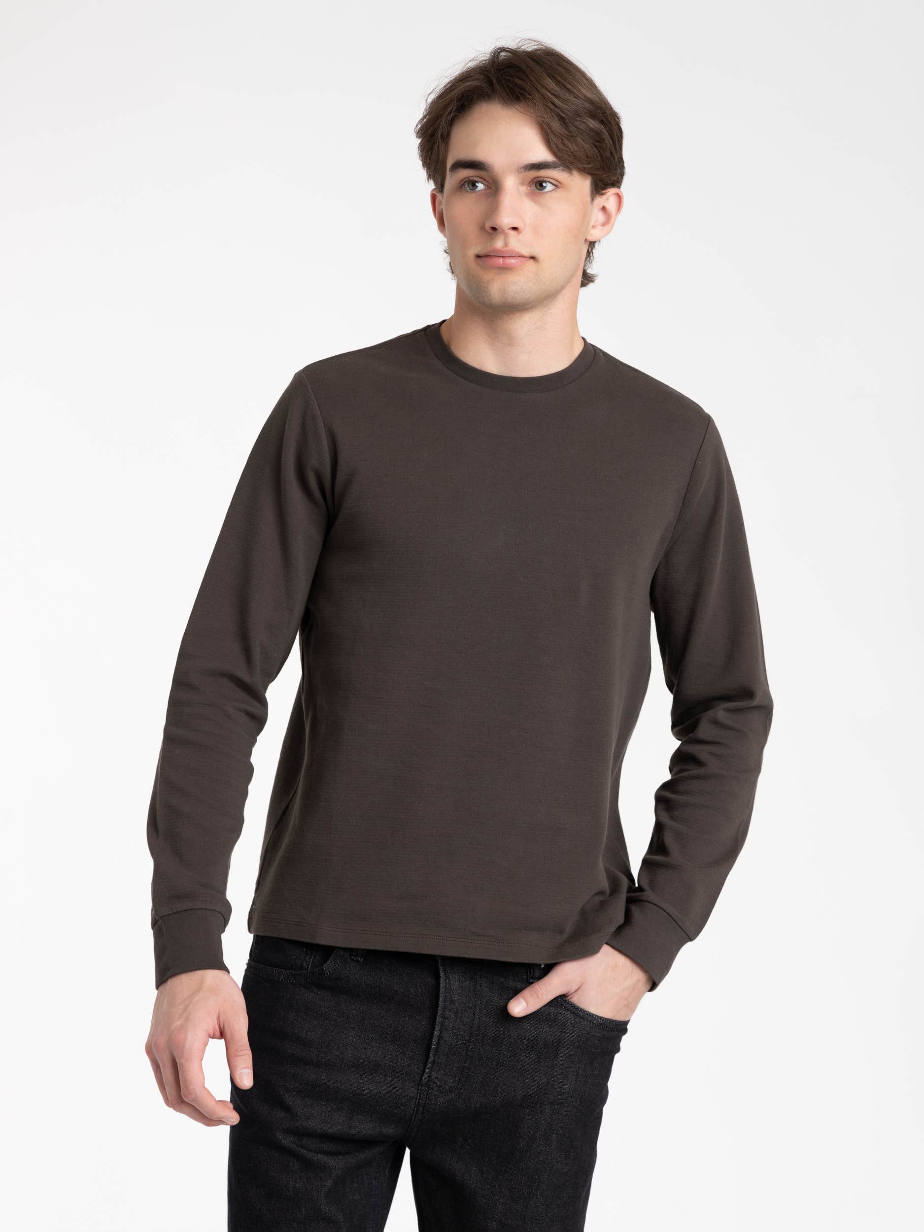 Duo Fold Long Sleeve Crew in Heather Espresso