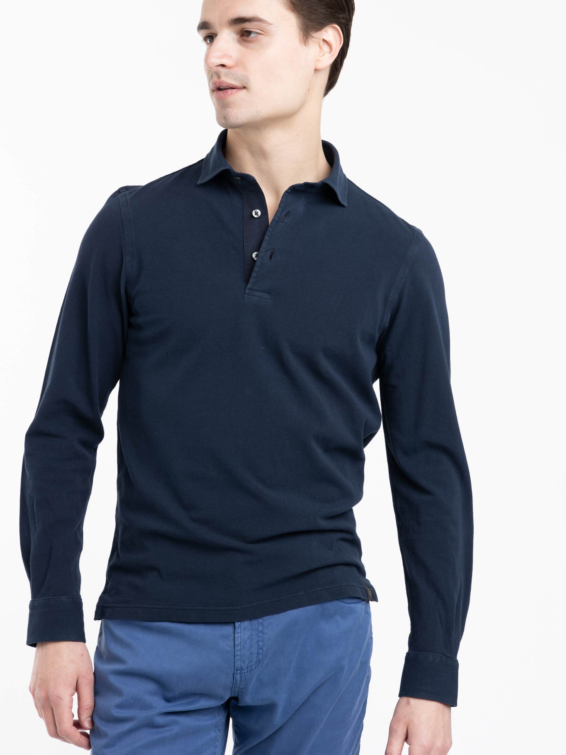 Navy Cotton Long-Sleeve Polo