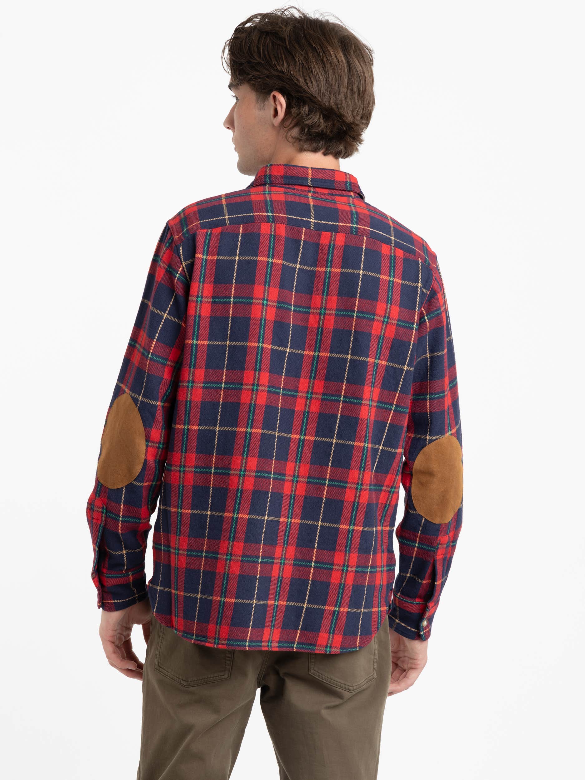 Red/Navy Classic Fit Suede-Patch Plaid Workshirt