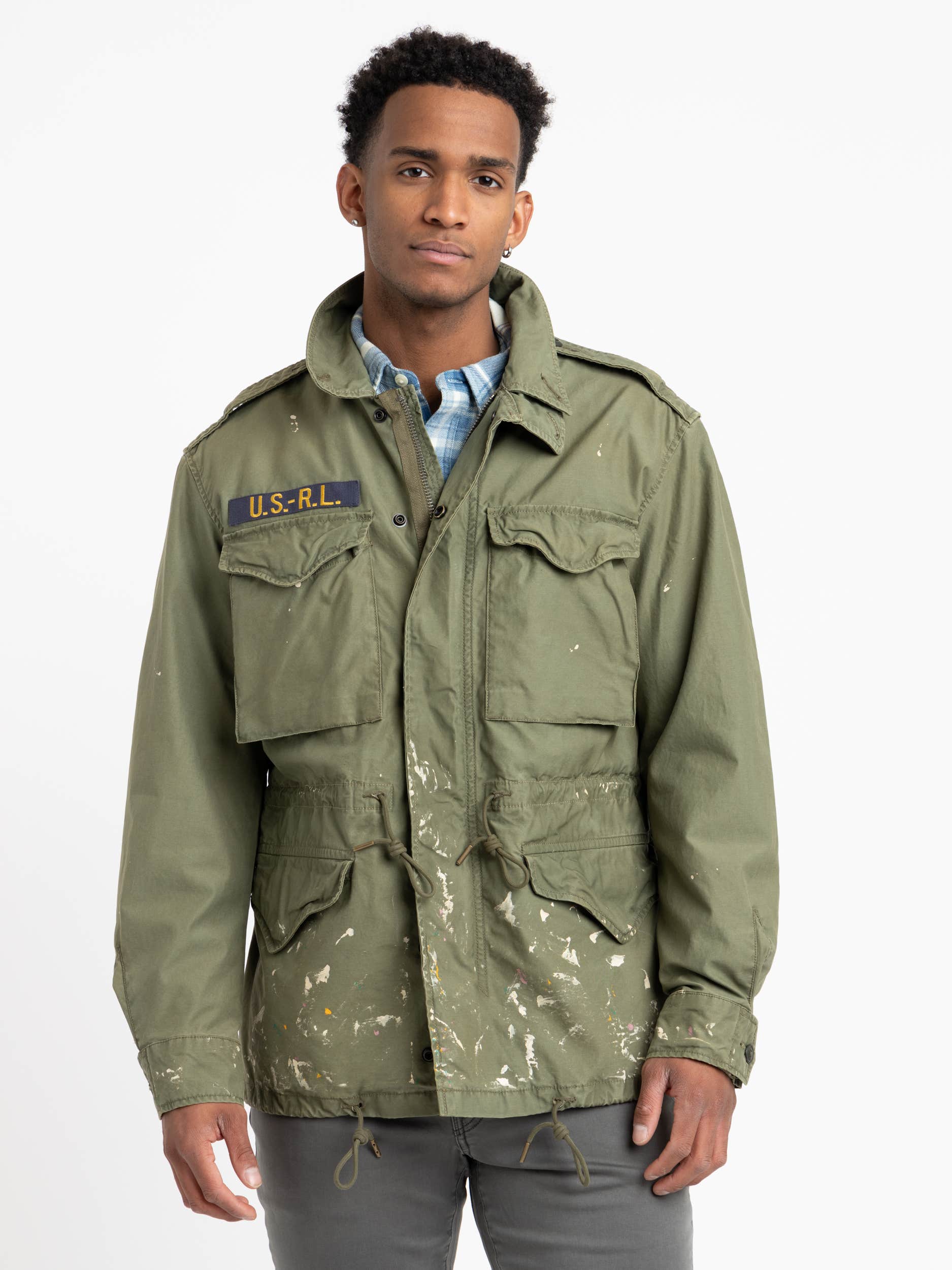 Green Paint-Splatter Twill Field Jacket