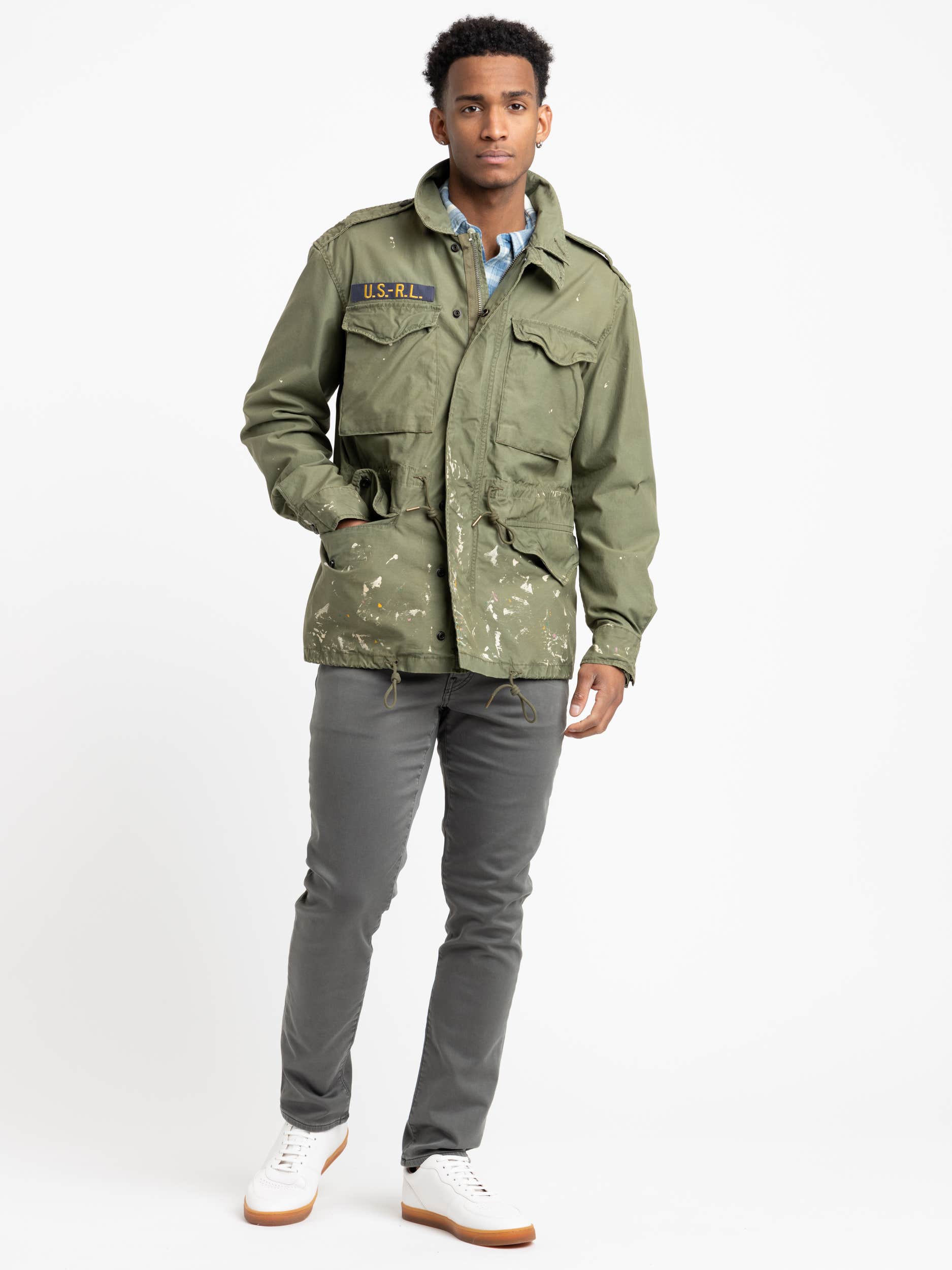 Green Paint-Splatter Twill Field Jacket