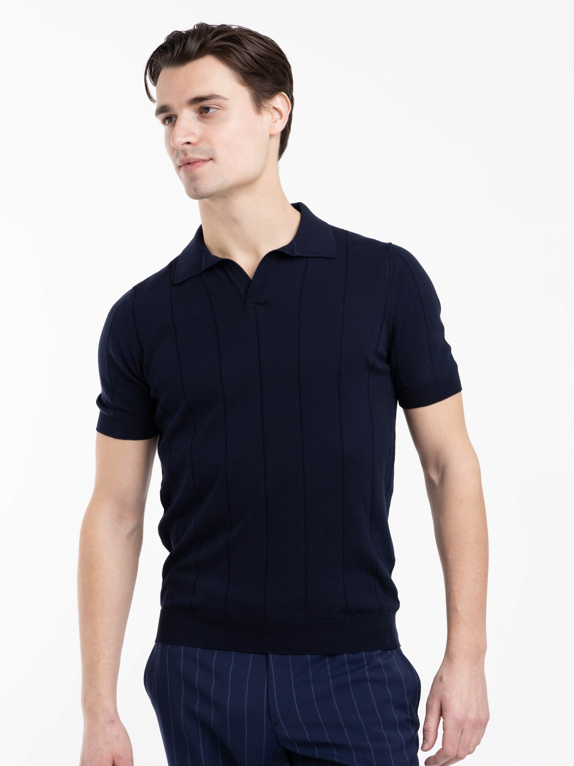 Navy Ribbed Capri Collar Polo Shirt