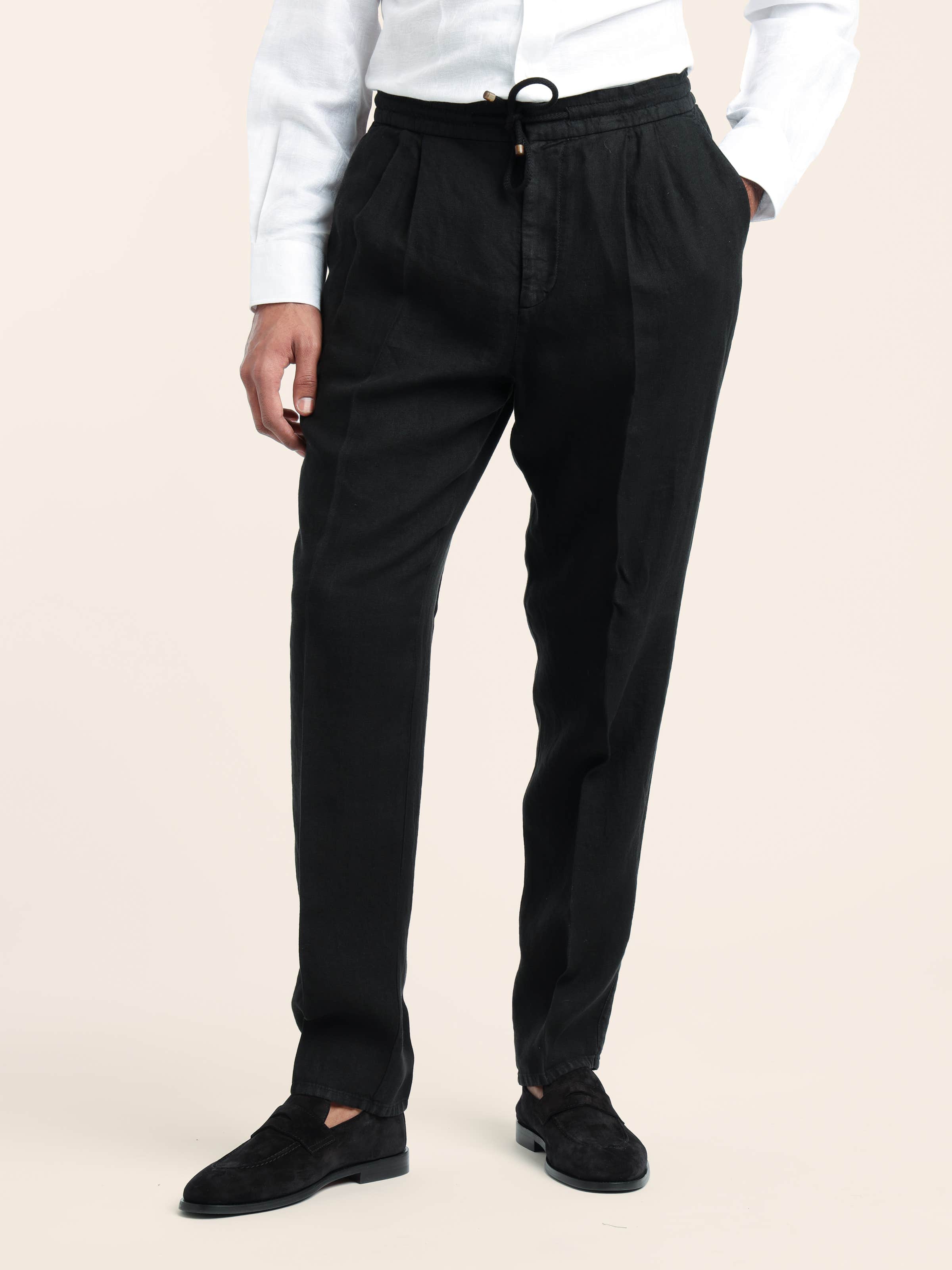 Black Garment-Dyed Leisure Fit Linen Gabardine Trousers