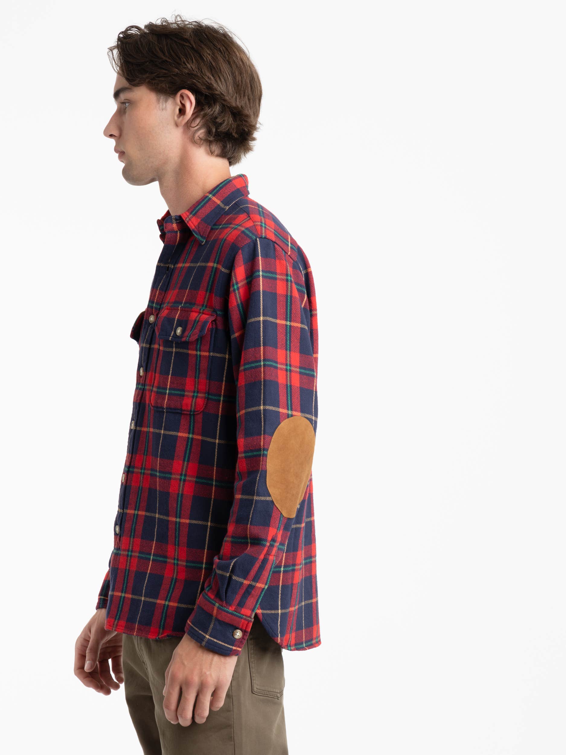 Red/Navy Classic Fit Suede-Patch Plaid Workshirt