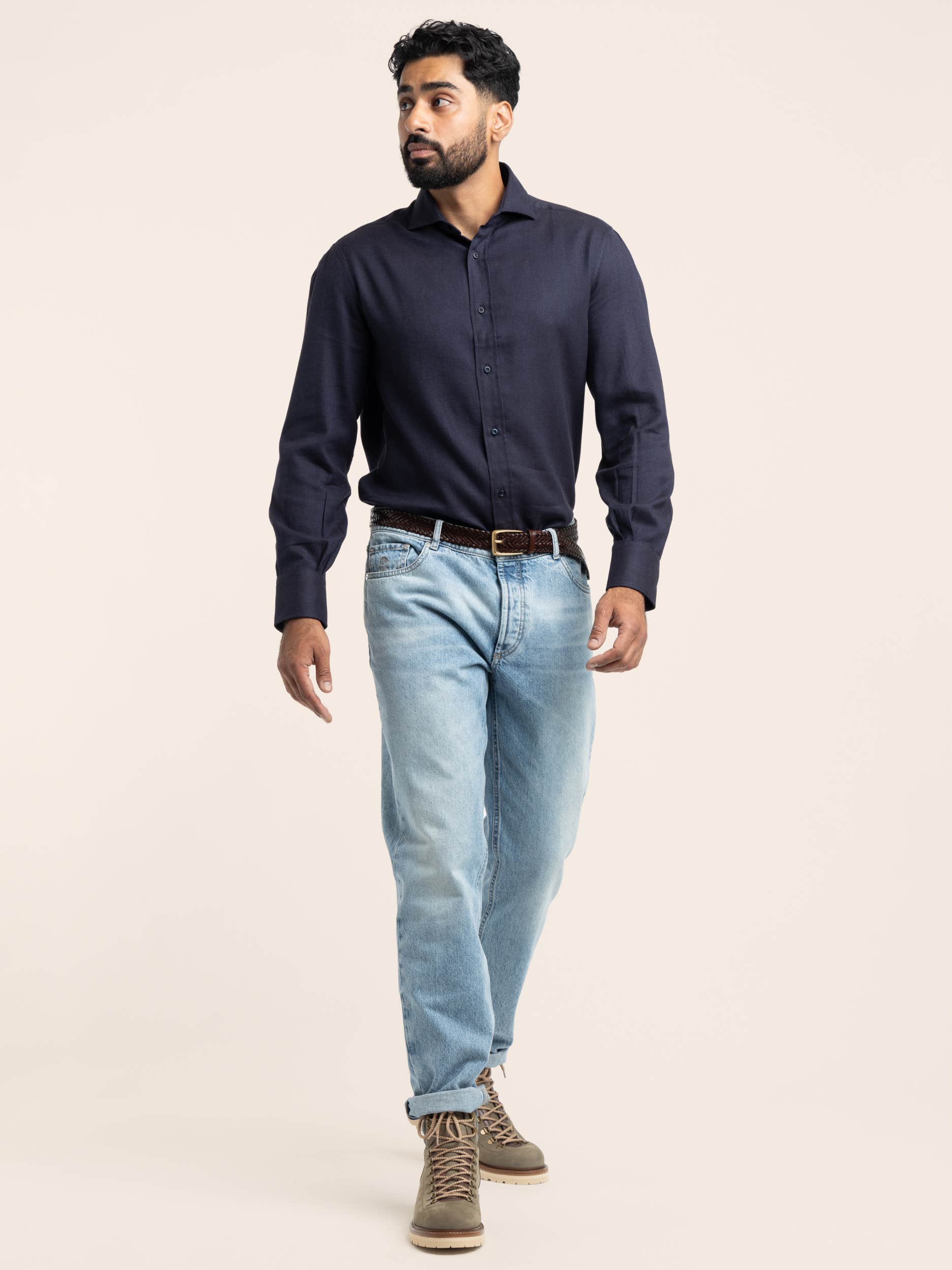 Navy Cotton-Blend Dress Shirt