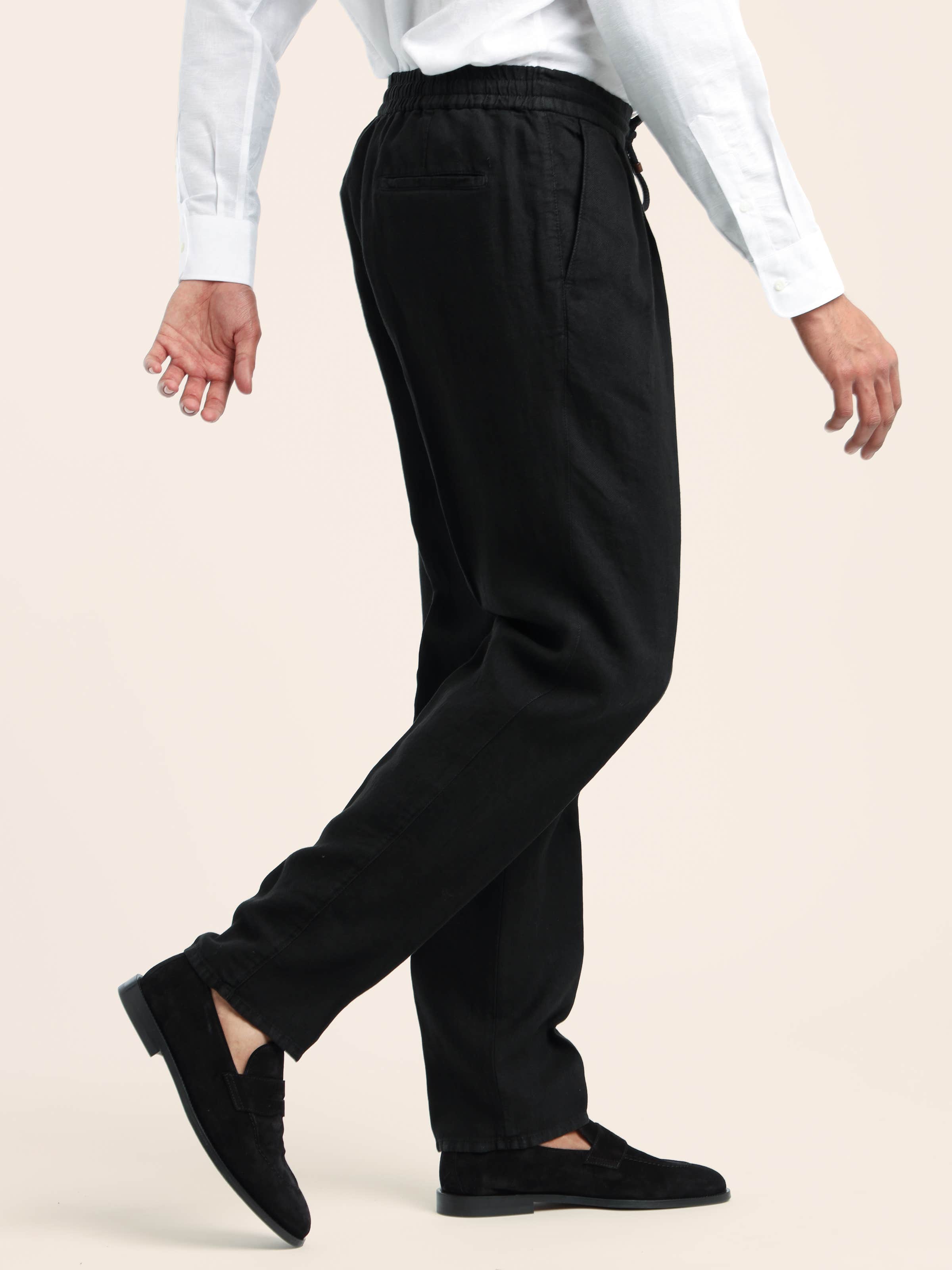 Black Garment-Dyed Leisure Fit Linen Gabardine Trousers